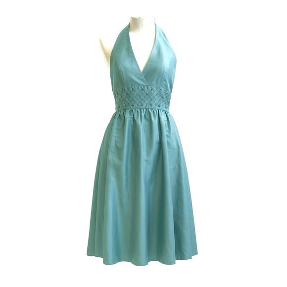 Vintage Anne Klein 100% Silk Seaglass Halter Dress | Beaded Waist | 50s Inspired - Picture 2 of 16